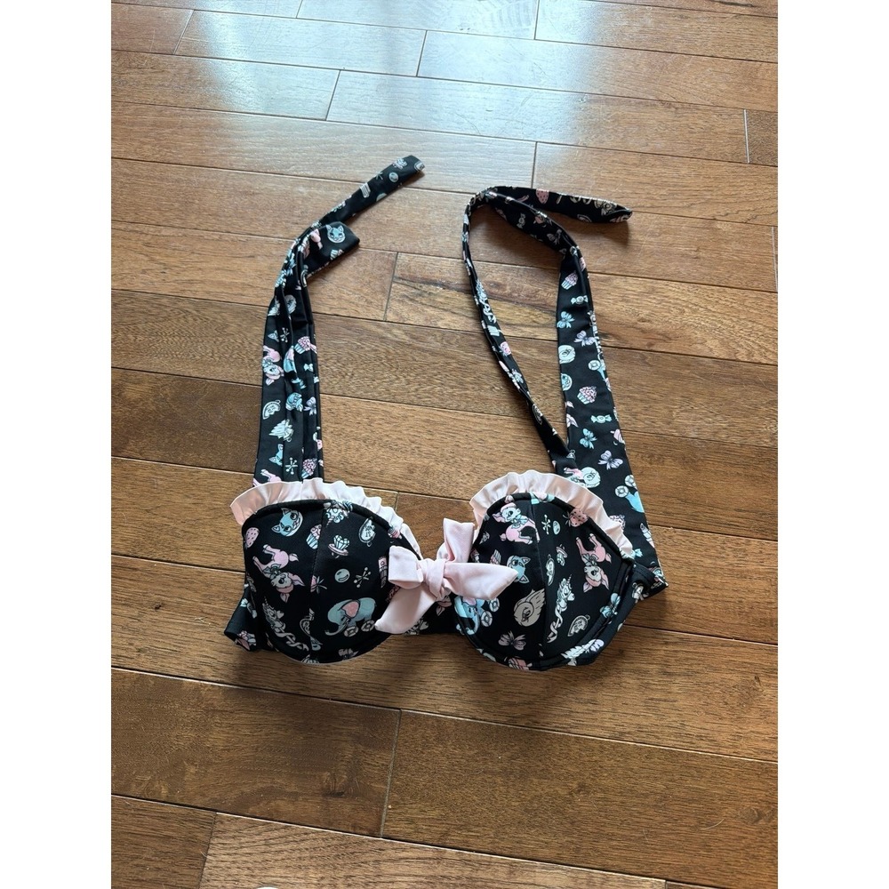 Midnight Hour Medium Vintage Toys Bikini Top Underwire Black Pink Ruffles